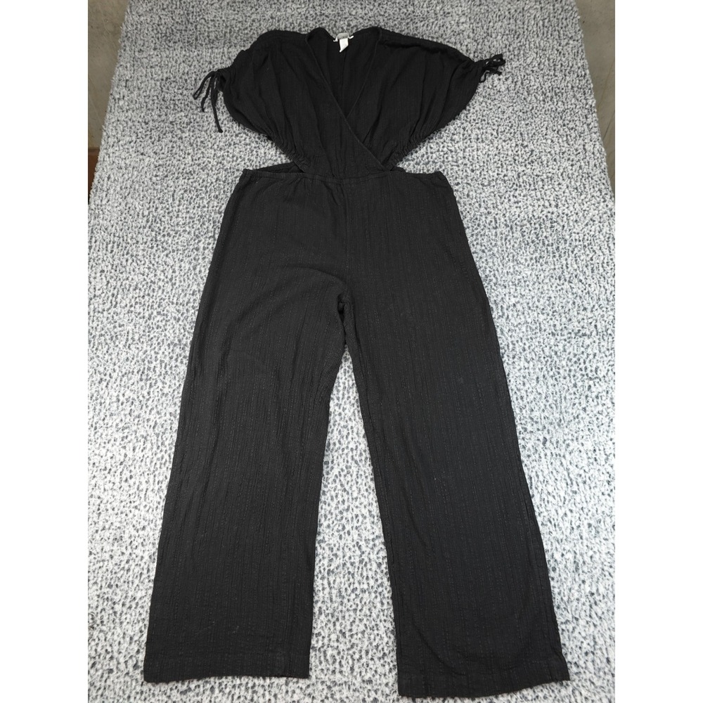 H&M Wide Leg Jumpsuit Womens XXL Black Cut-Out Surplice V-Neck Textured